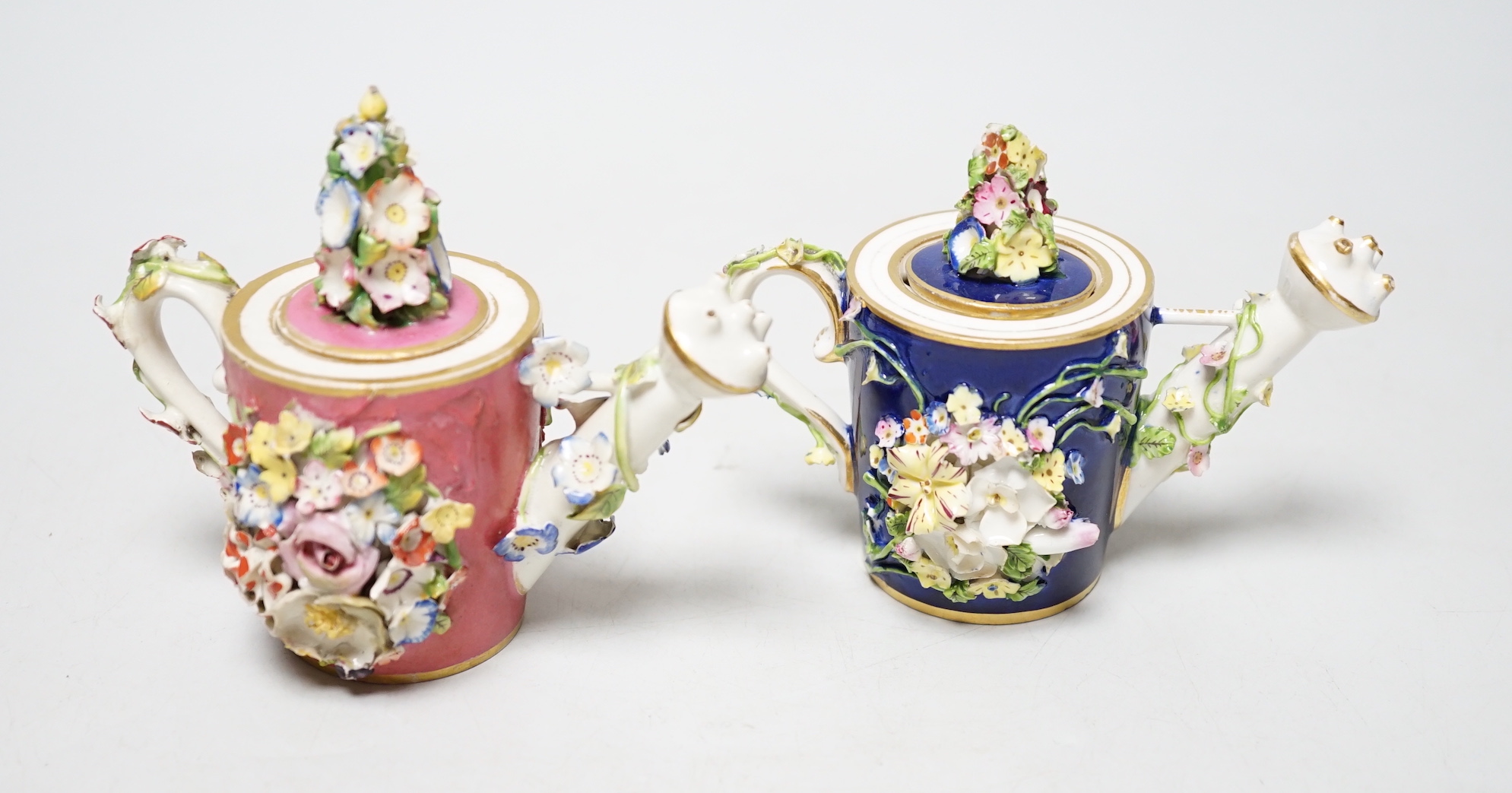Two Derby porcelain floral encrusted miniature water sprinklers, circa 1825, tallest 10cm